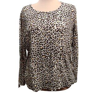 White Stag XXL Leopard Print Gold Foil Long Sleeve Scoop Neck Stretch Knit Top